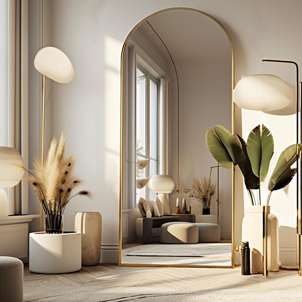Arched Floor Mirror, 76"34" Full Length Mirror with Stand, Freestanding, Aluminum Frame - Gold