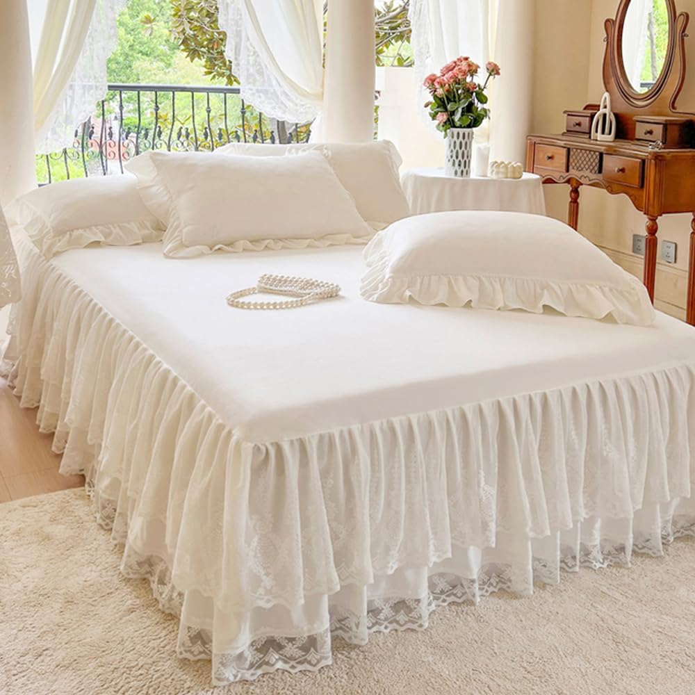 Floral Stereo Lace Bed Skirt for King Bed - 17in. Drop, Dust Ruffle Bedskirt Anti Wrinkle & Fade Resistant