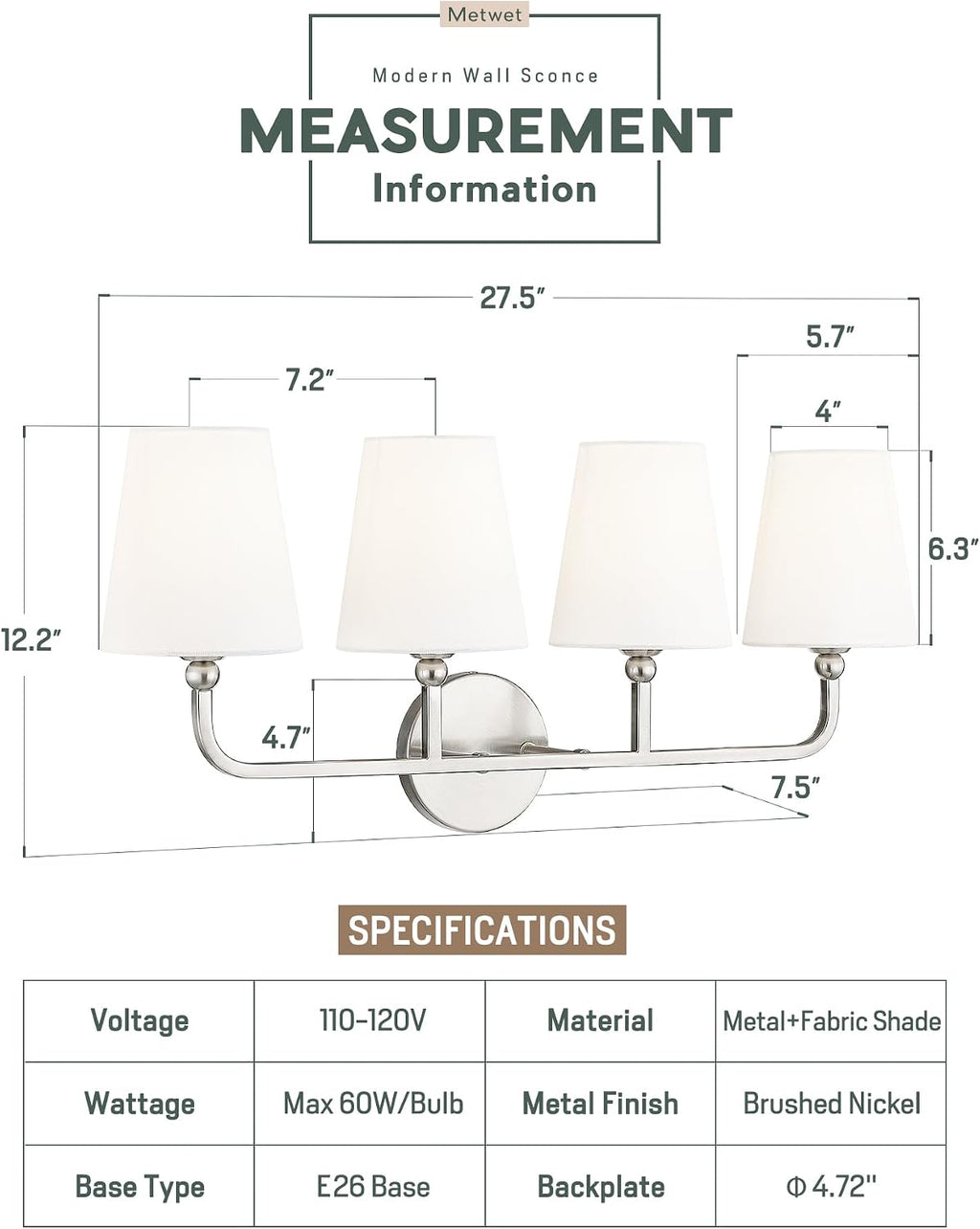4-Light Brushed Nickel Bathroom Vanity Light, White Fabric Shades | Ideal for 32-42" mirrors, 28" bathroom light