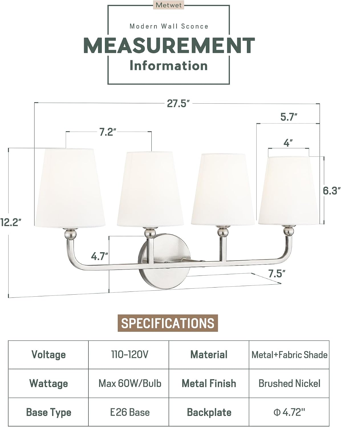 4-Light Brushed Nickel Bathroom Vanity Light, White Fabric Shades | Ideal for 32-42" mirrors, 28" bathroom light