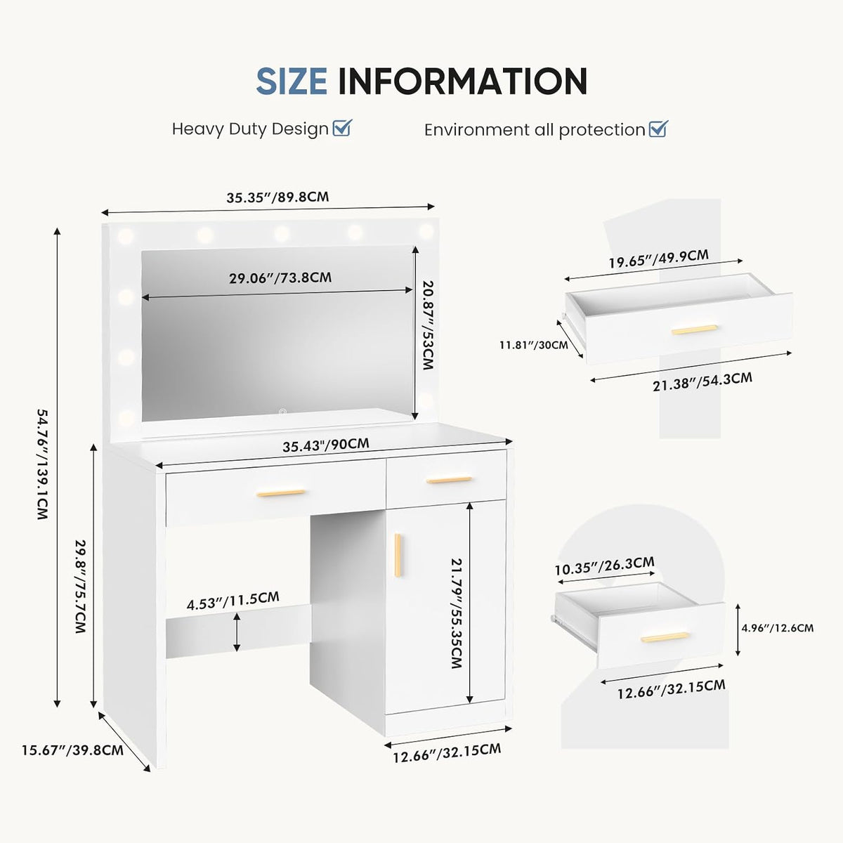 Makeup Vanity Desk with Mirror and Lights, Charging Station | 11 LED Bulbs, Dressing Table, Large Cabinet, 2 Drawers