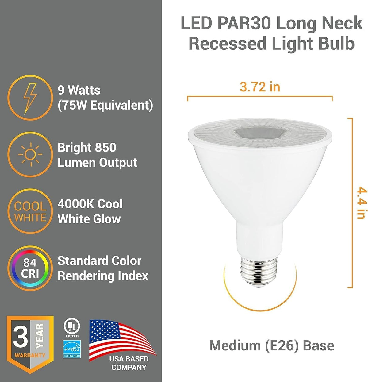 PAR30 LED Bulb Long Neck Flood Light Dimmable 9W (75W Equivalent) 850 Lumen E26 Standard Medium Base 4000K Cool White