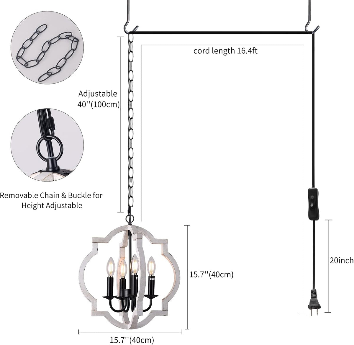Plug in Chandelier with 16.4ft Cord,Plug in Pendant Light,Orb Wood Farmhouse Light fixtures
