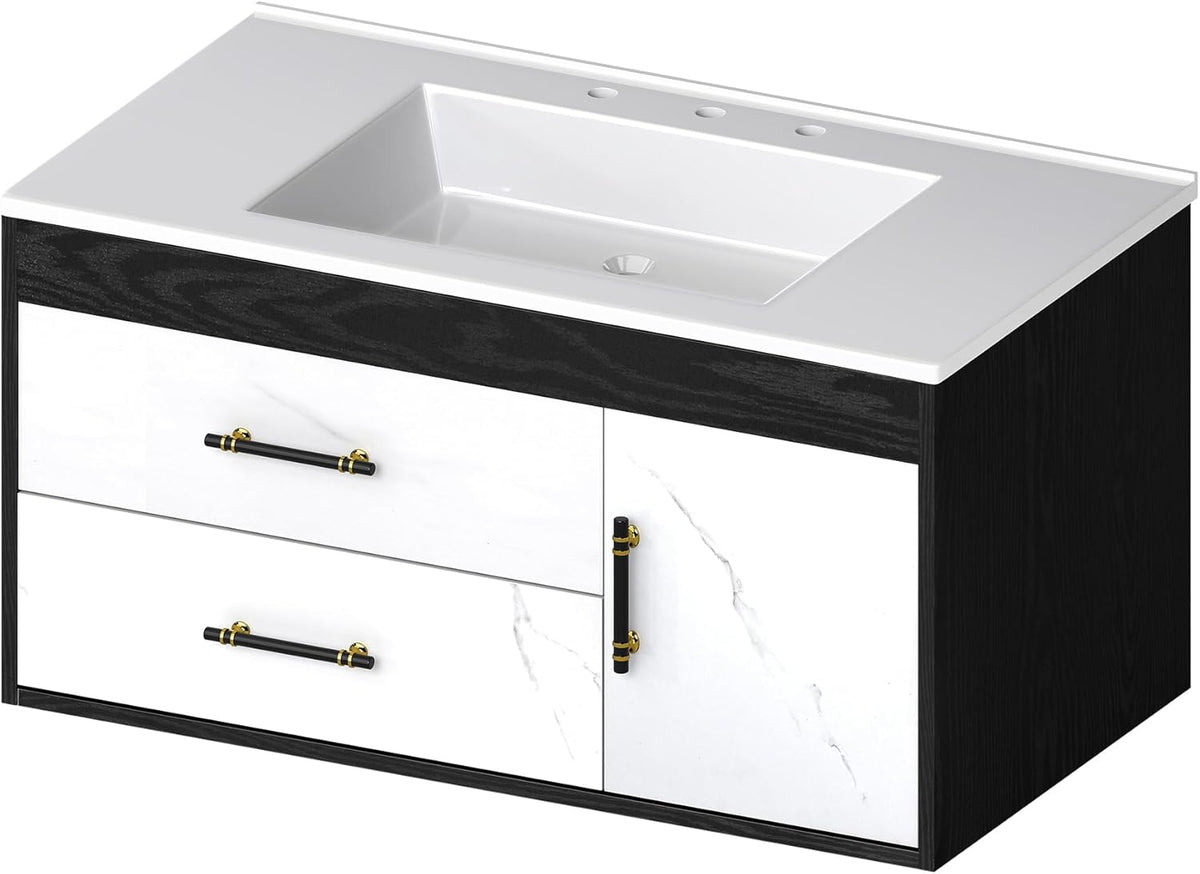 36 Floating Vanity with Sink, Wall Mounted Bathroom Cabinet Vanity with Soft-Close System Cabinet, Marble Pattern