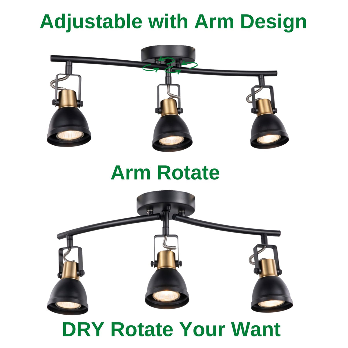 3 Light Foldable Track Lighting Kit, Matte Black Brass Finish Pivot Shades Rotatable Arm with GU10 Socket Modern