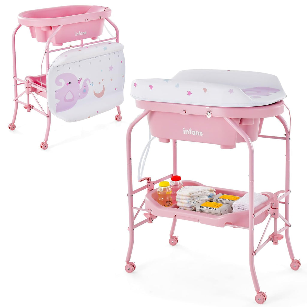 2 in 1 Baby Changing Table with Bath Tub Unit, Folding Diaper Dresser Station with Wheels Waterproof Pad Storage