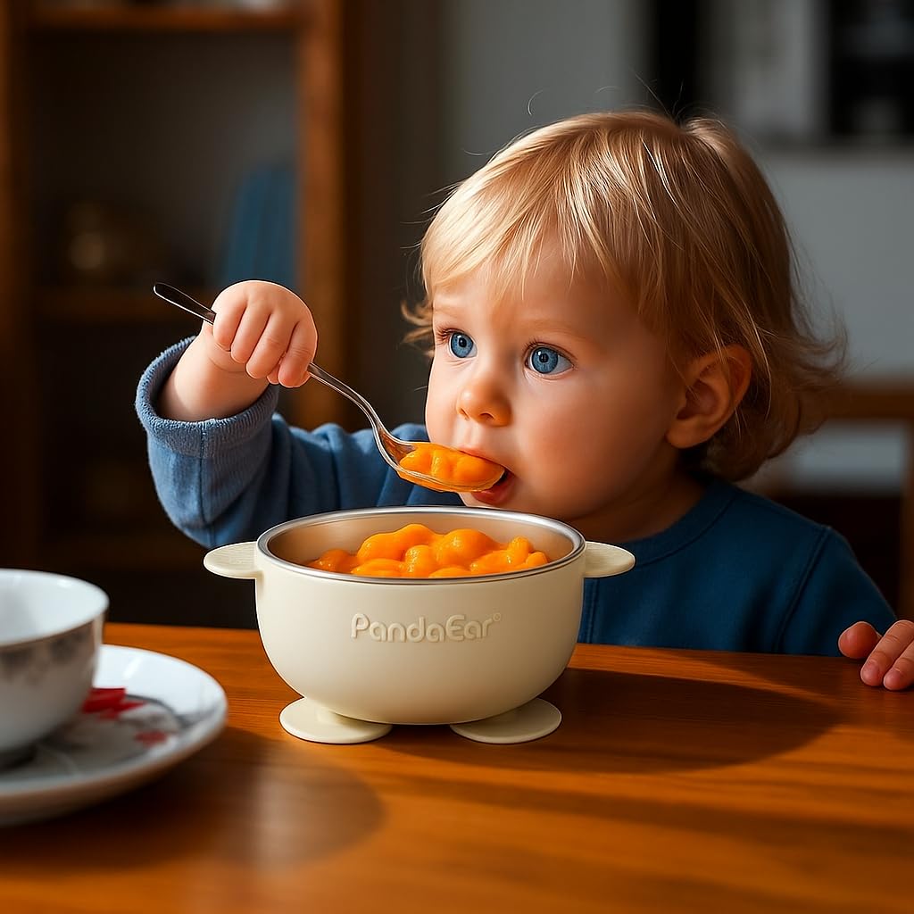 3 Pack Stainless Steel Suction Baby Bowls & 3 Baby Feeding Spoons | Non-Slip Stay Put Bowls & Soft Silicone First
