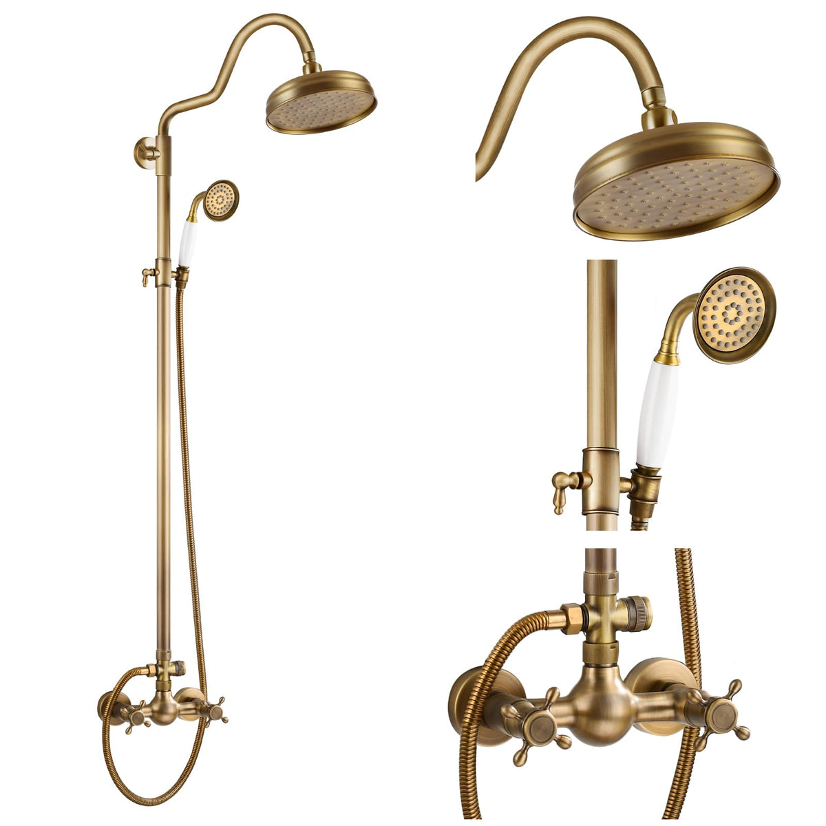 Exposed Shower Faucet Set Luxury,Antique Brass,Curved Arc Rod