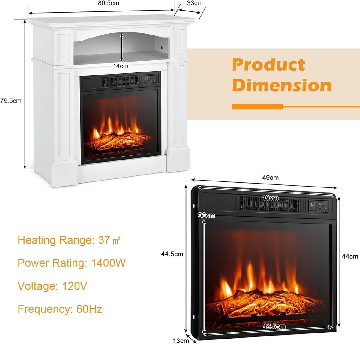 32 Inch Freestanding Electric Fireplace with Mantel, Realistic Flame, Thermostat, 3 Brightness Levels, Timer and Remote Control, White