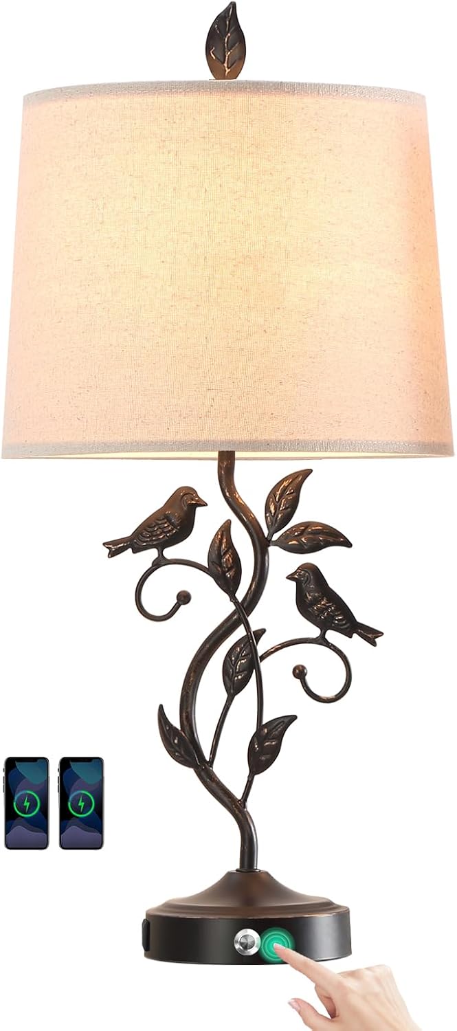 27" Touch Farmhouse Table Lamps with 3-Way Dimmable 2 USB Ports, Vintage Rustic Iron Leaf Nightstand Lamp