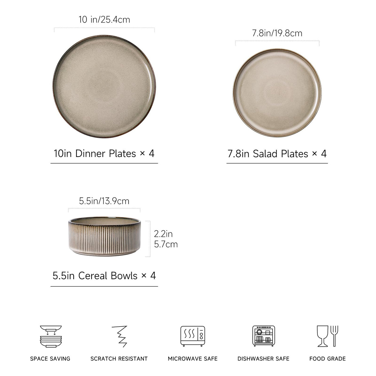12PCS Ceramic Dinnerware Set for 4, Stoneware Plates and Bowls Sets