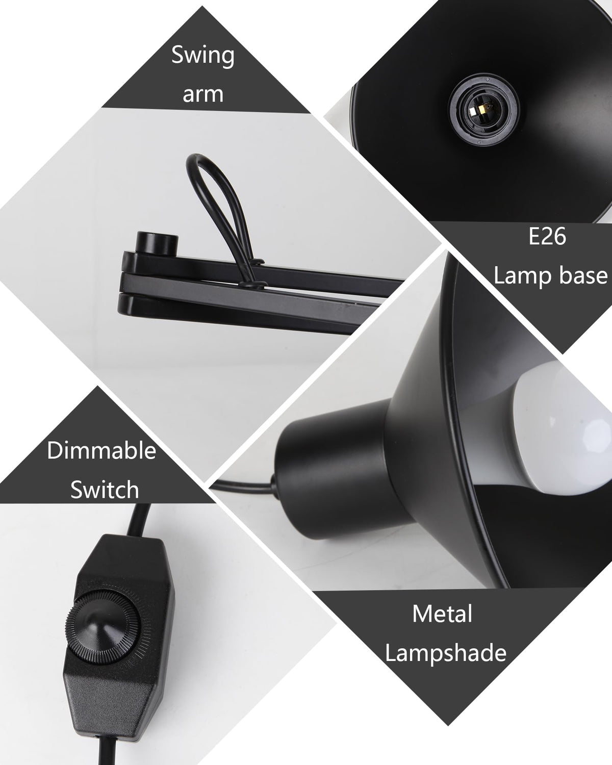 Plug in Wall Sconces, Swing Arm Wall Lamp with Dimmable Switch, Wall Sconce with Plug in Cord for Bedside Bedroom