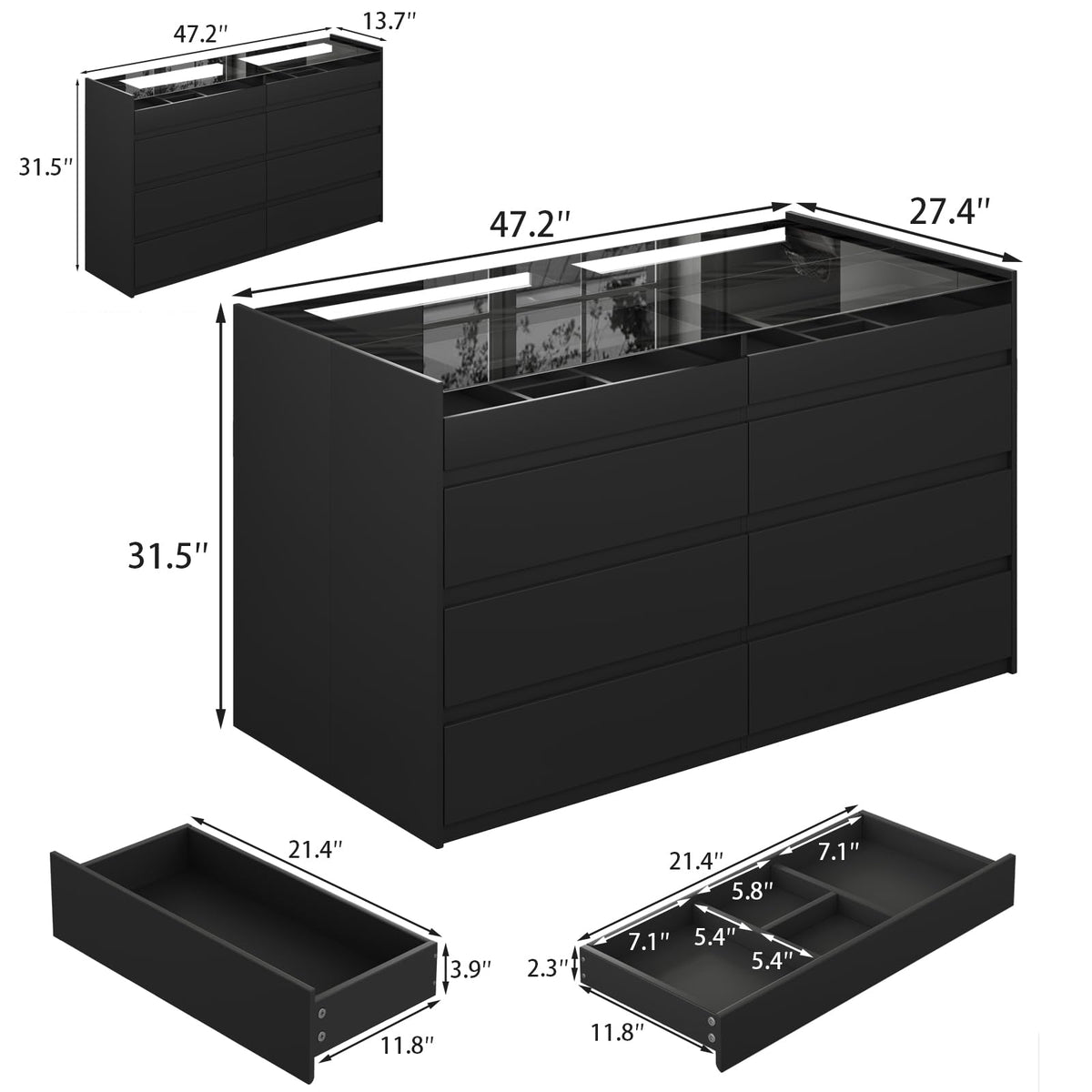 16 Drawer Closet Island with Glass Top & LED Light, Black