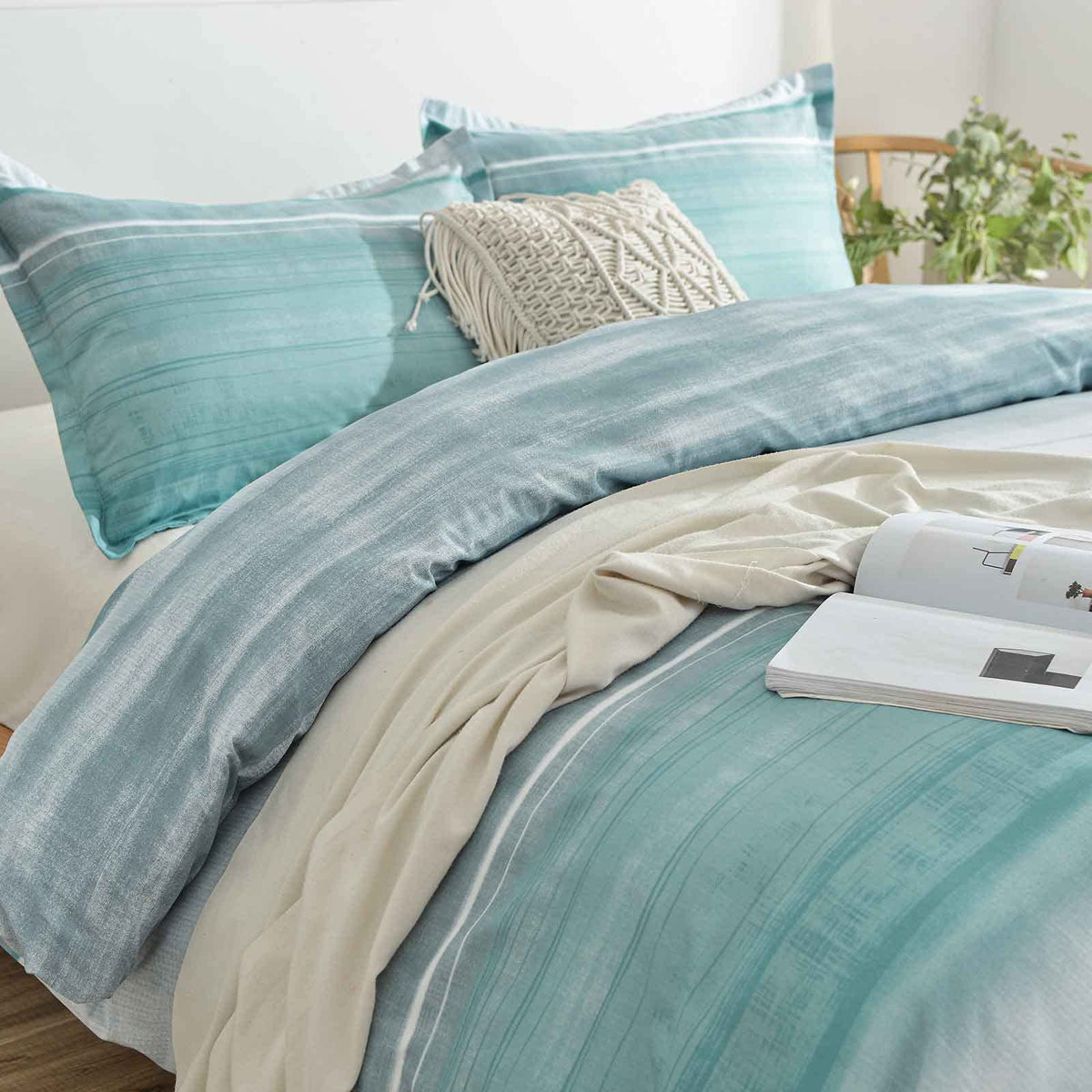 Blue Grey Striped Duvet Cover - Teal and Gray Stripe Printed Pattern Reversible Microfiber Comforter Cover