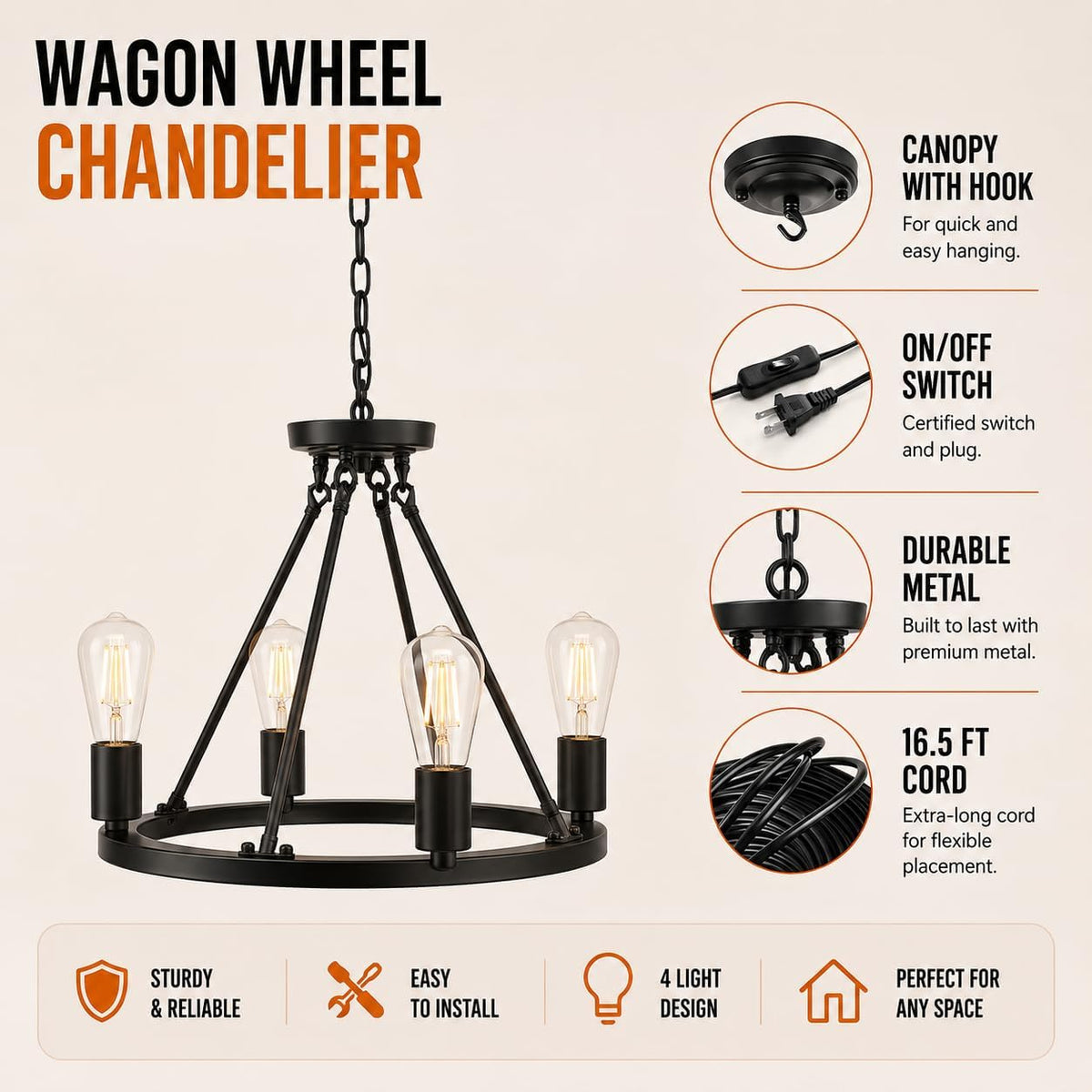 4-Light Black Wagon Wheel Chandelier