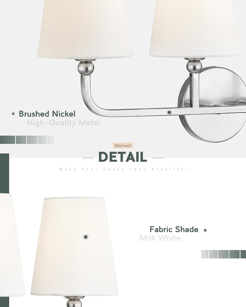 4-Light Brushed Nickel Bathroom Vanity Light, White Fabric Shades | Ideal for 32-42" mirrors, 28" bathroom light