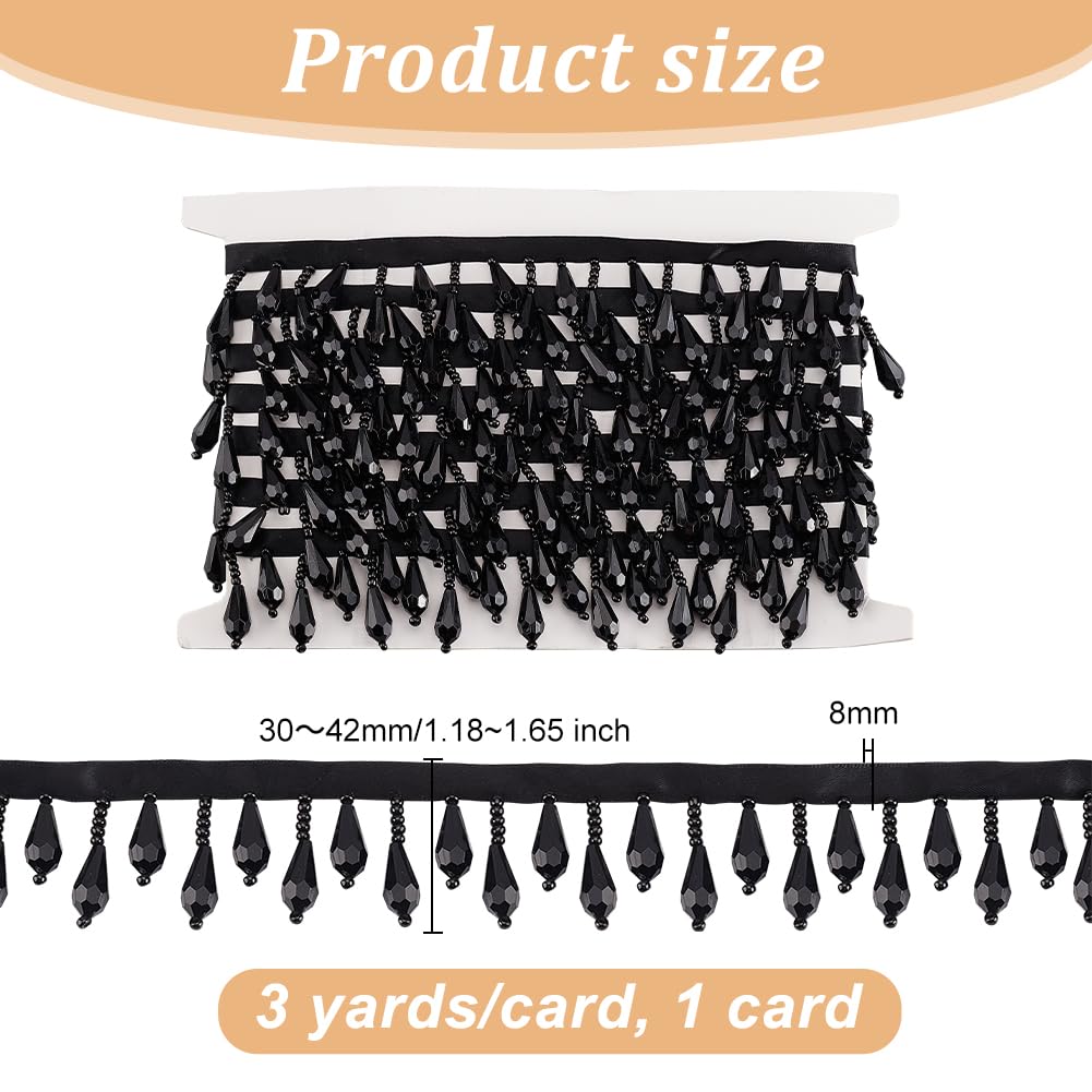 Black Beaded Fringe Trim Decorative Beaded Trim Teardrop Fringe Trims Polyester Bead Tassel Trims for Wedding - 3 Yards