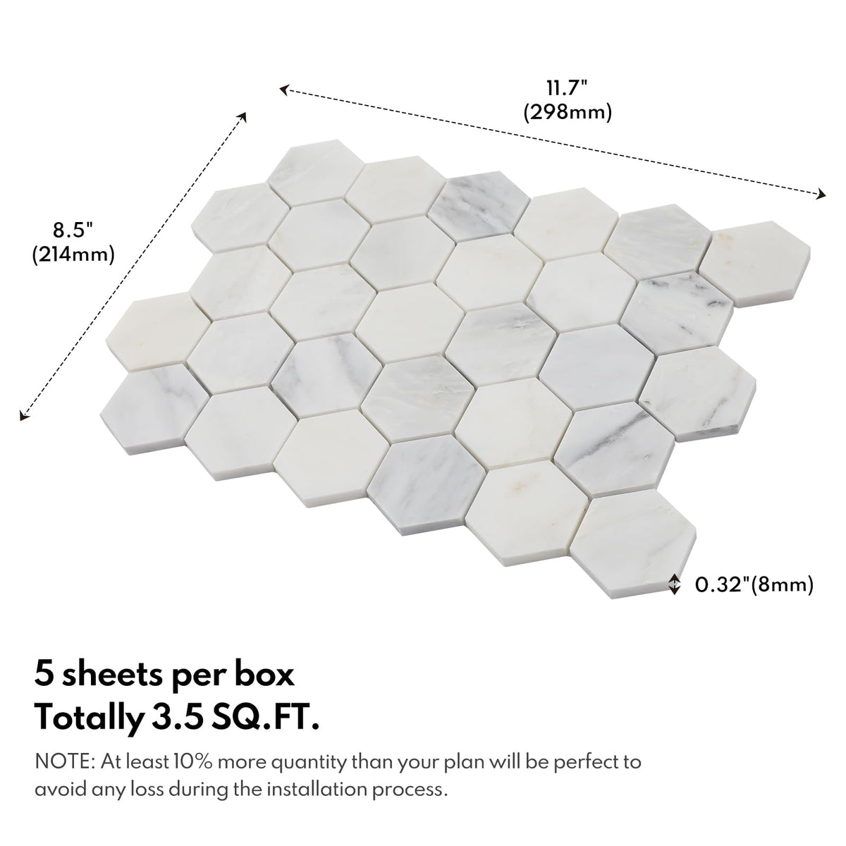 Bianco Alba Marble Stone 2 Inch Hexagon White Marble Mosaic Tile Wall Bathroom Shower Floor (5 Sheet, Honed)
