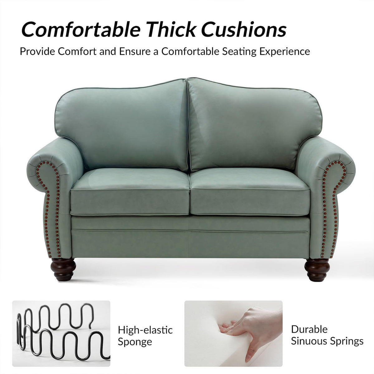 60" Wide Genuine Leather Chesterfield Loveseat, 2 Seat Leather Sofa with Rolled Arms, Nailhead Trim Furniture, Easy