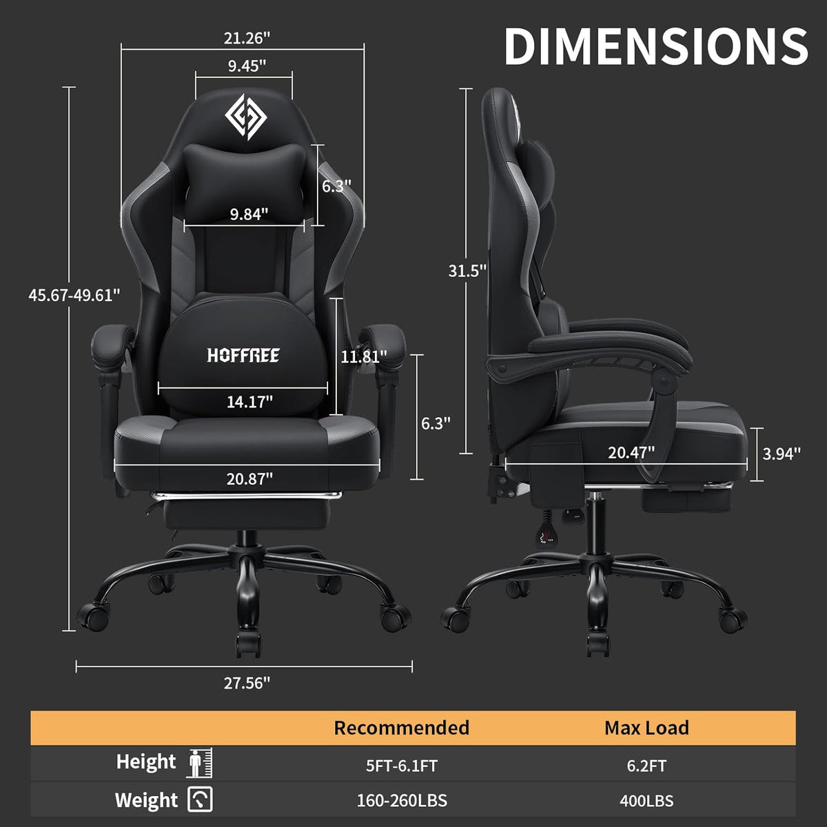 Gaming Chair with Shiatsu Kneading Massage Heated Computer Desk Chair Black | 155° Recliner with Footrest;Height