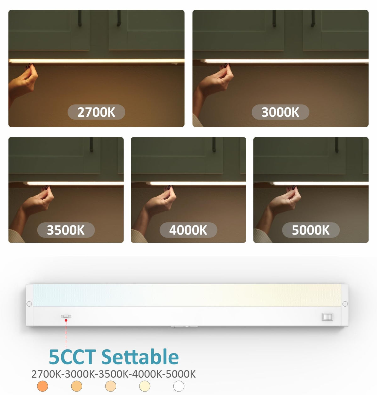 LED Under Cabinet Lighting Hardwired or Plug in, 18 Inch 9W, Dimmable 5 Color 2700K/3000K/3500K/4000K/5000K, Linkable
