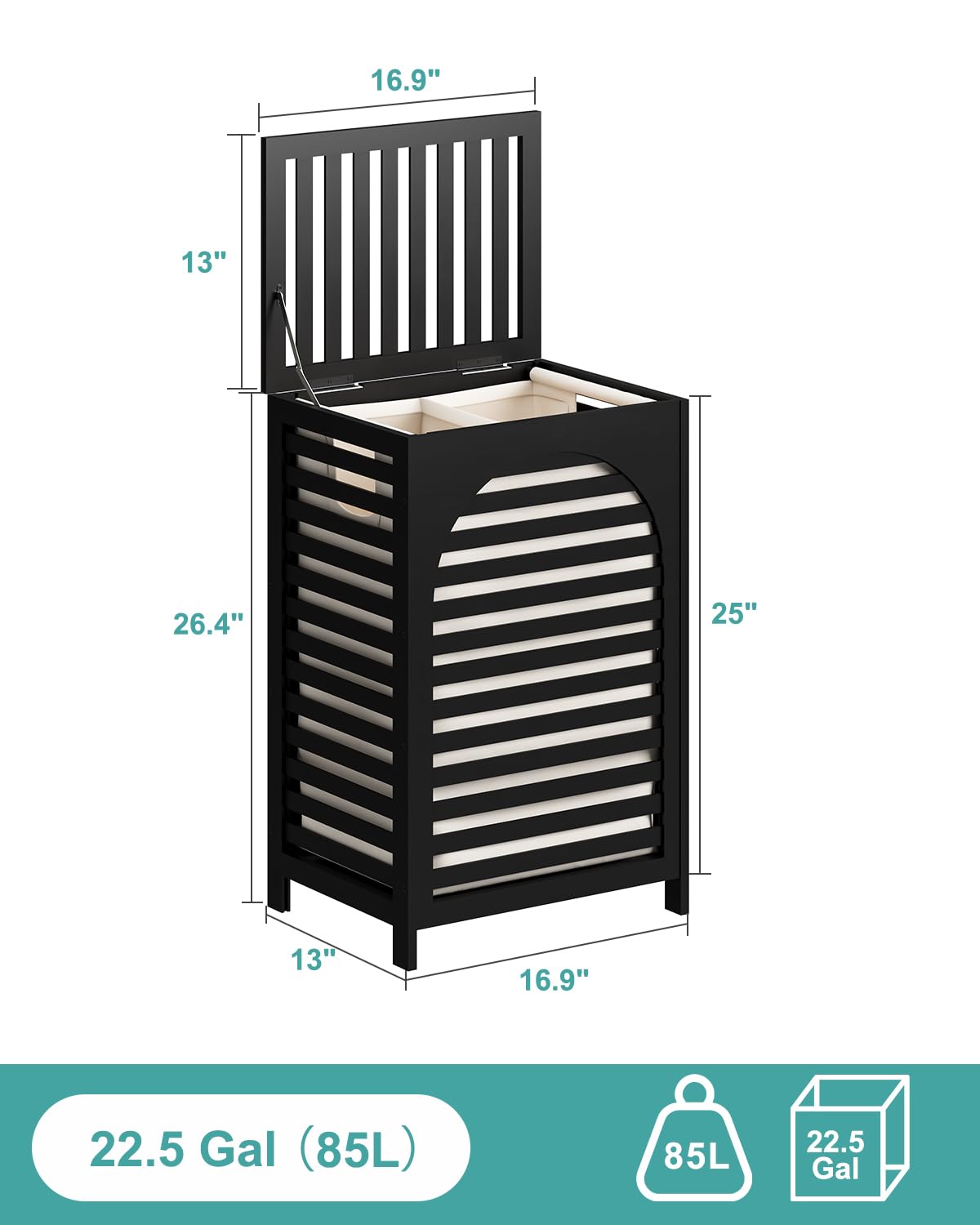 Hamper, 22.5 Gallon (85L) Bamboo Wood Clothes Laundry Basket with Lid and Handles, Removable Liner (Black, Large)