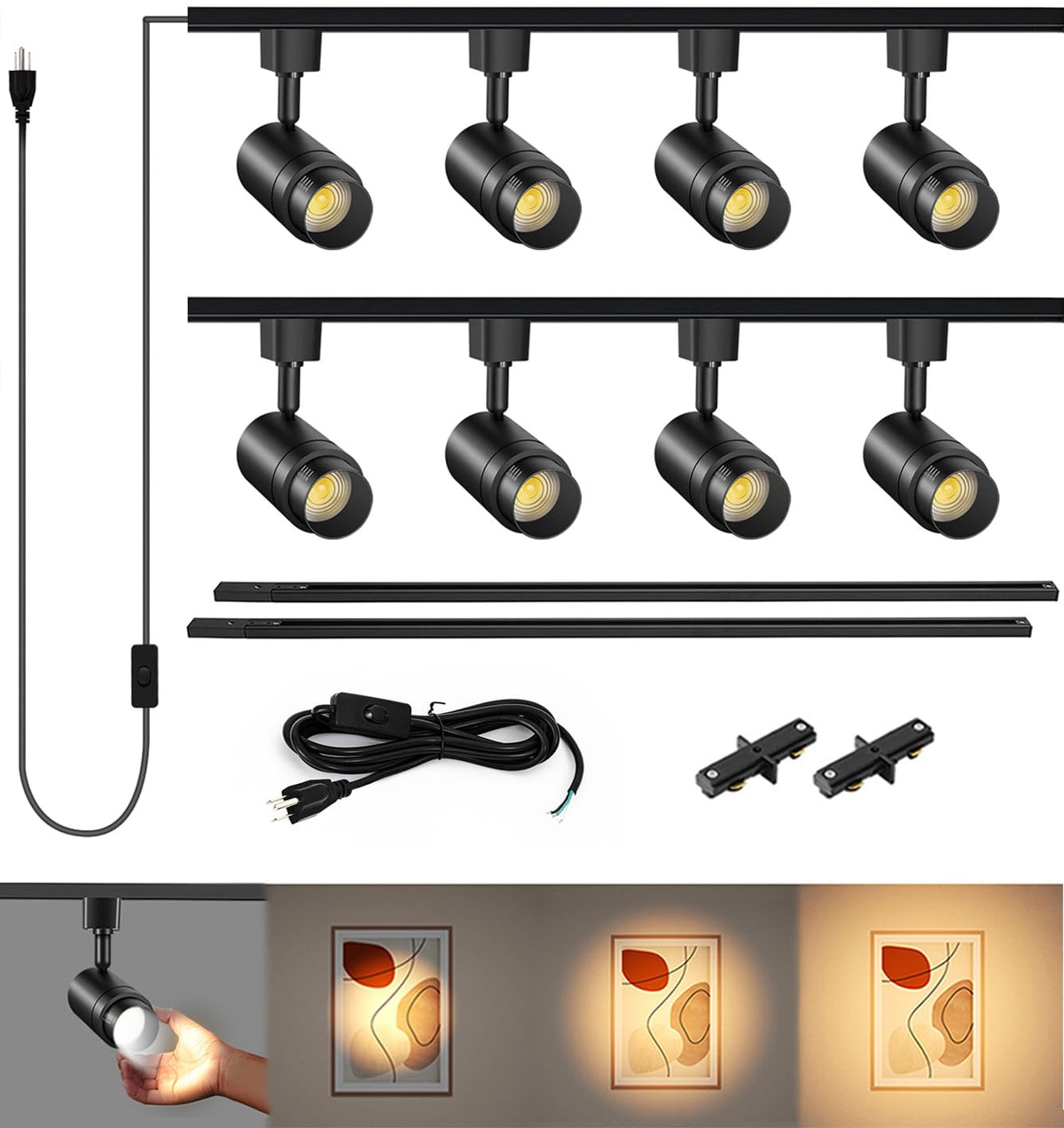 Plug in Track Lighting with Power Cord, 8-Light 3000K Black