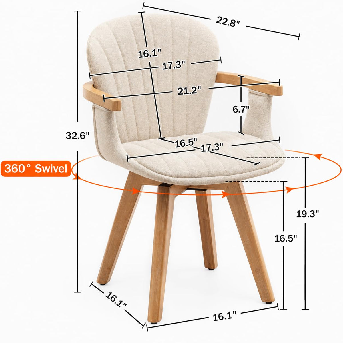 Swivel Dining Chairs Set of 2 with Arms Mid Century Modern Beige Charcoal Linen Look Fabric Kitchen Chairs, Bamboo