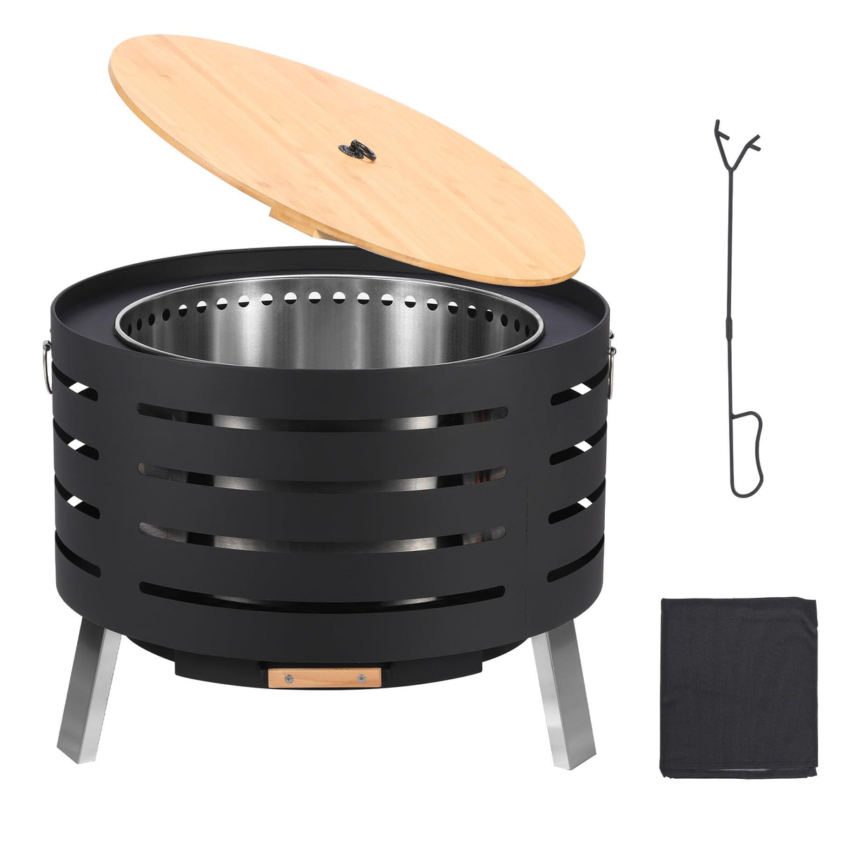 26 Inch Smokeless Firepit, Wood Burning Firepit with Fire Poker, Lid, Removable Ash Pan, Waterproof Cover, Modern