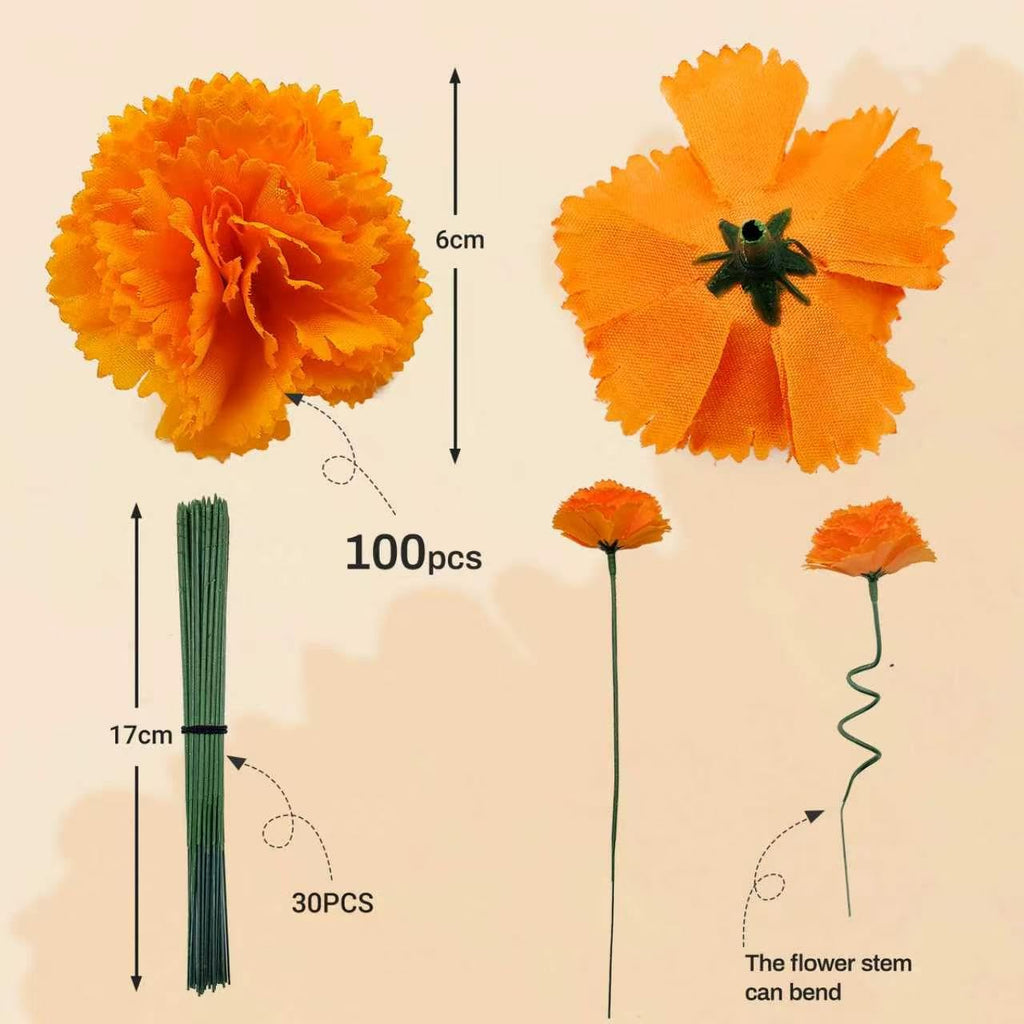 100 Pcs Marigold Flowers Heads with Floral Stems, Silk Orange Artificial Flowers for Diwali Day of The Dead DIY