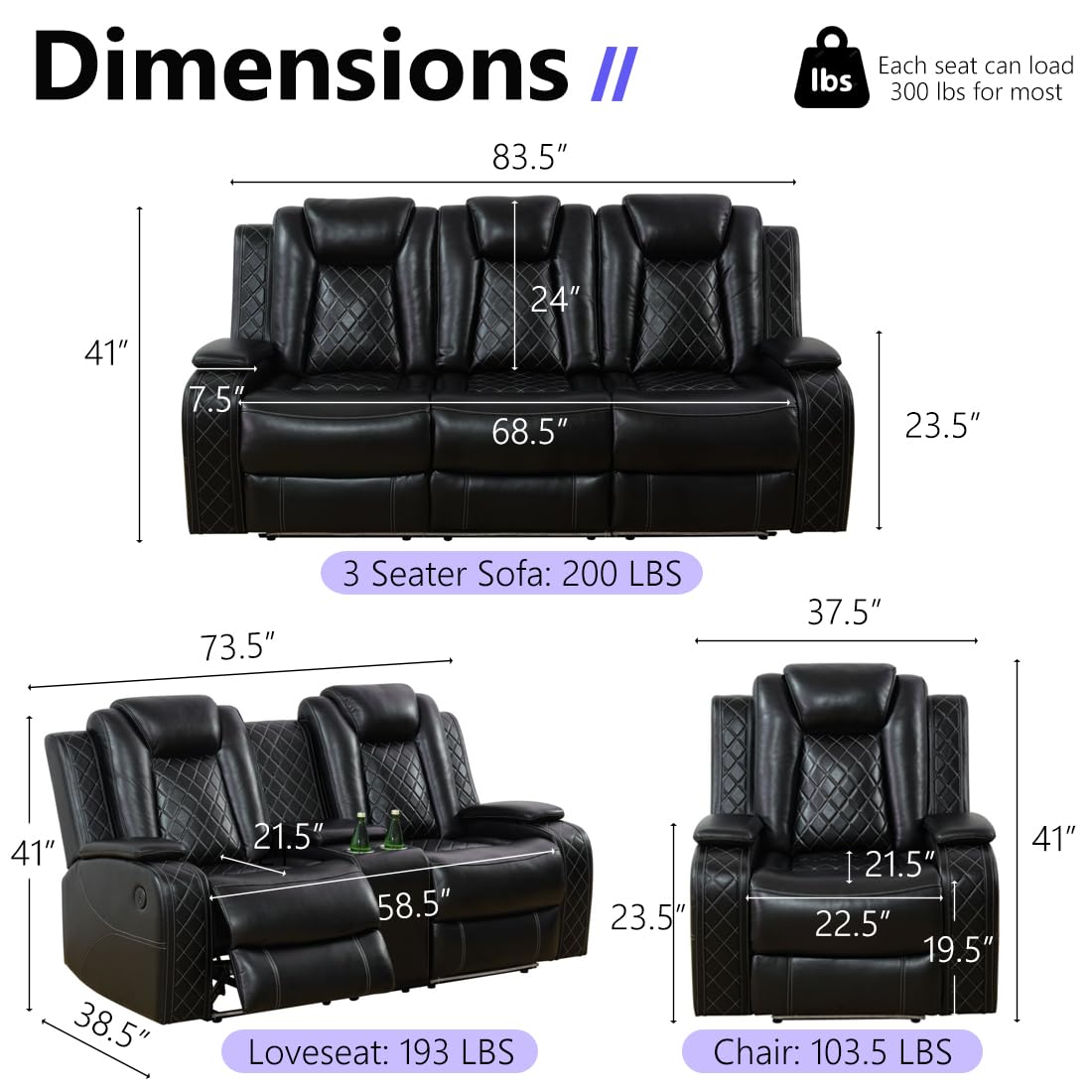 Power Reclining Sofa Set, 3PCS Living Room Set with Recliners, Luxury Recliner Sofa & 2 Chairs with