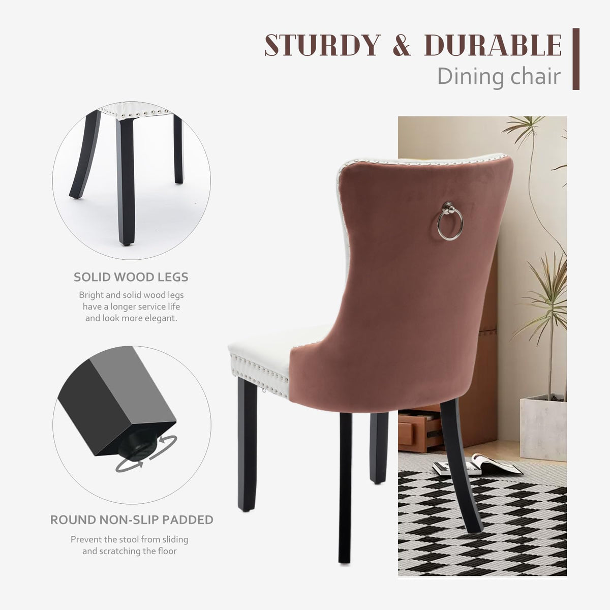 Leather Dining Chairs Set of 2, Tall Back Side Chair, Modern Upholstered Side Chair with Button Back Ring, Solid Wood