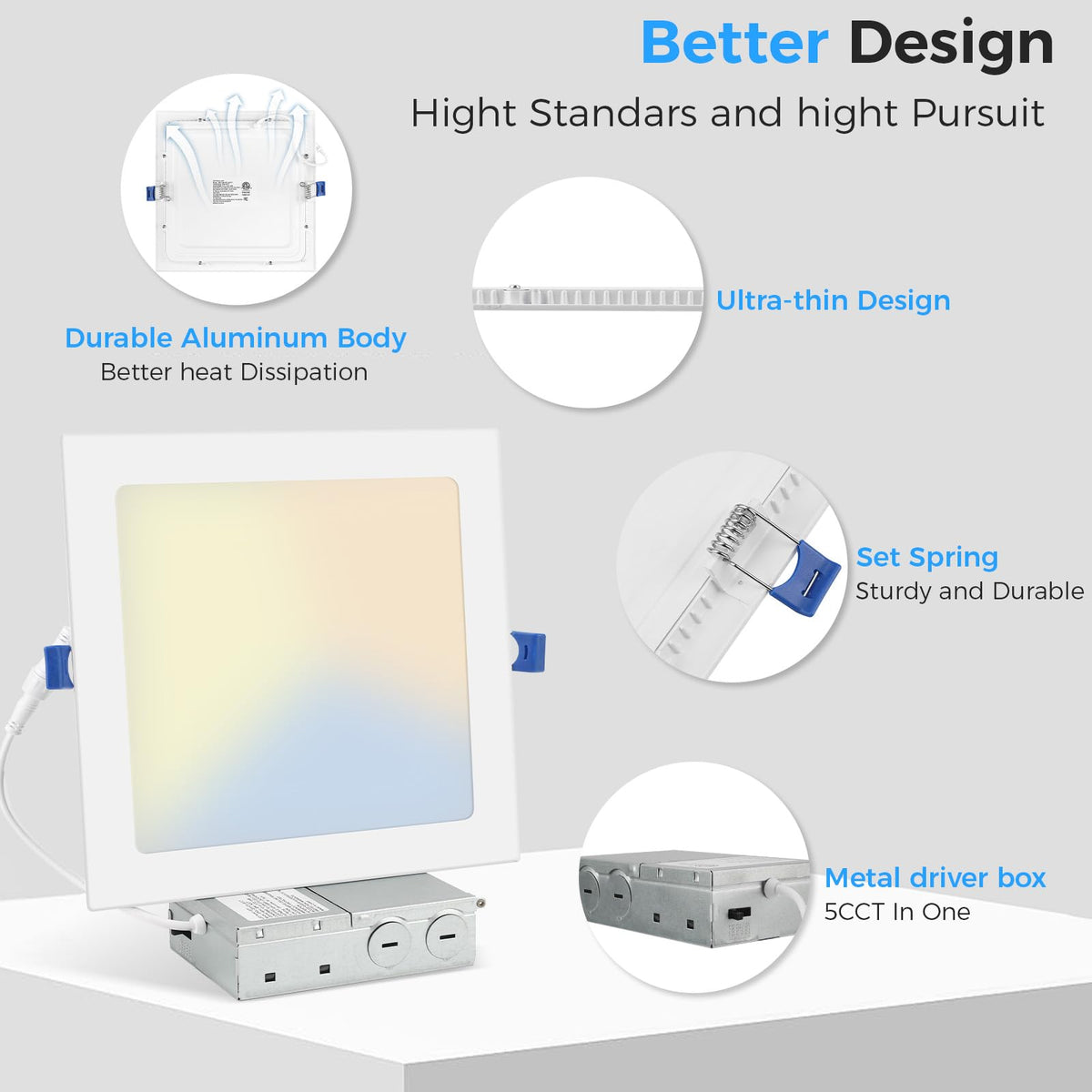12 Pack 6 Inch Square LED Recessed Lighting, 5CCT, 15W, Dimmable