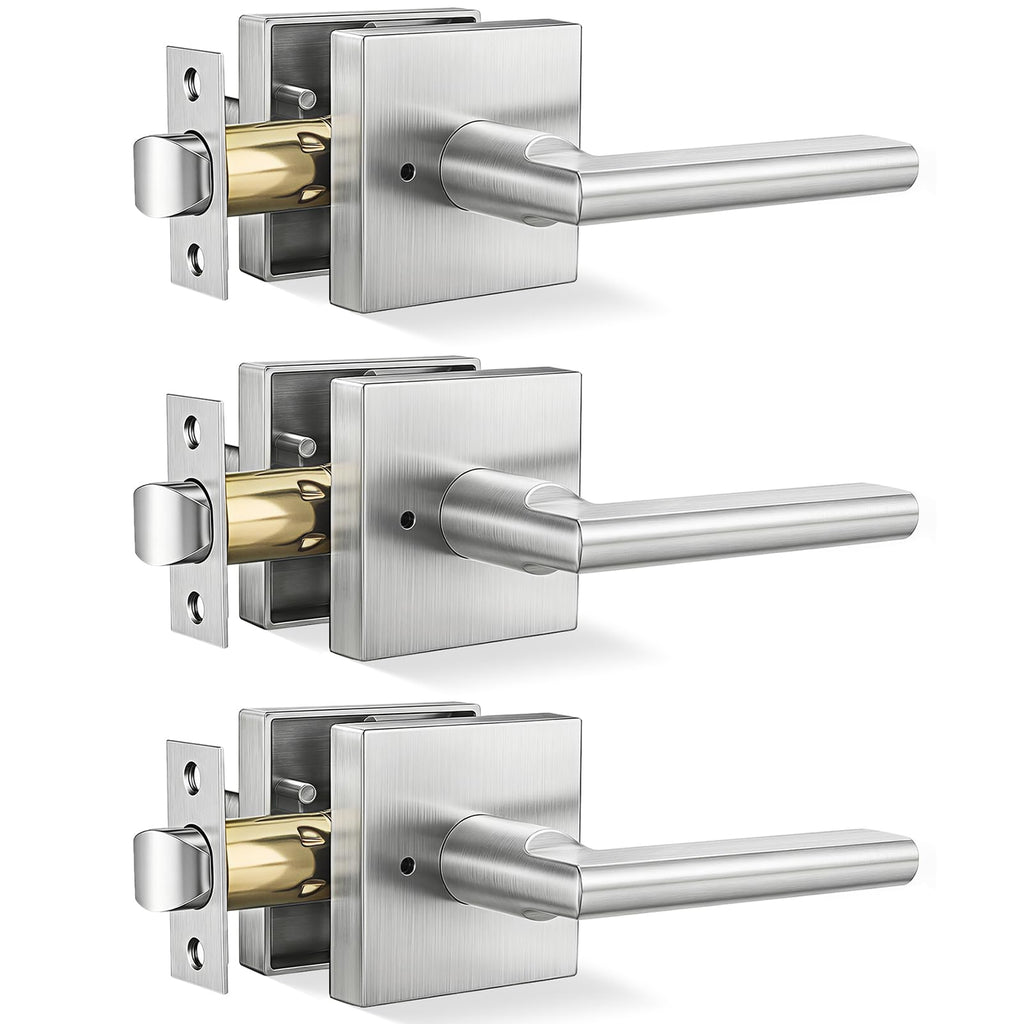 Brushed Nickel Door Handles Interior, Privacy Bedroom - 3 Pack