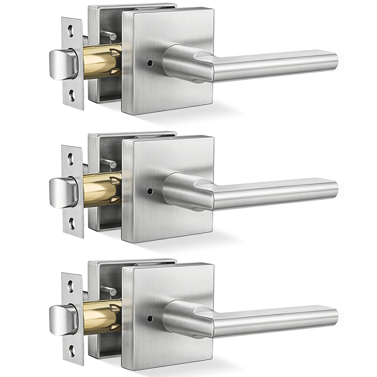 Brushed Nickel Door Handles Interior, Privacy Bedroom - 3 Pack