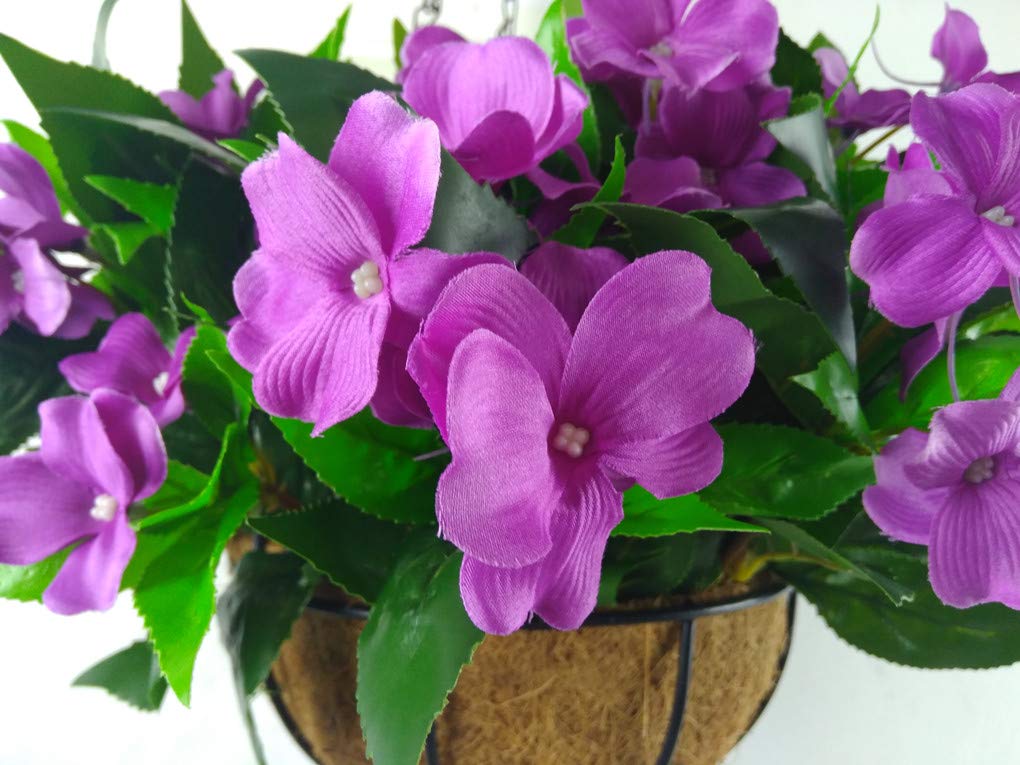 Fake Silk Impatiens Flower Pot Chain Hanging Basket Flowers Artificial Impatiens Balsamina Purple (7.8 inch)