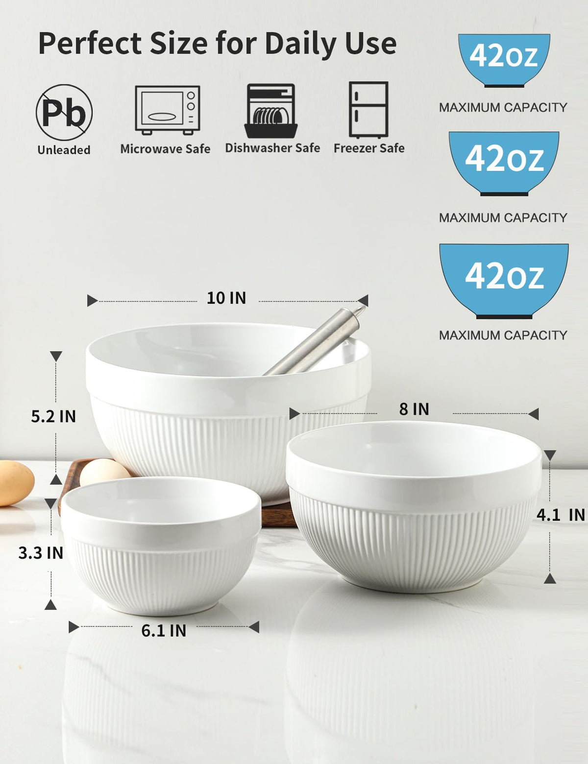 Large Ceramic Mixing Bowls, White Kitchen Bowls (1QT/2.3QT/4.6QT), Set of 3 Nesting Bowls for Baking, Cooking