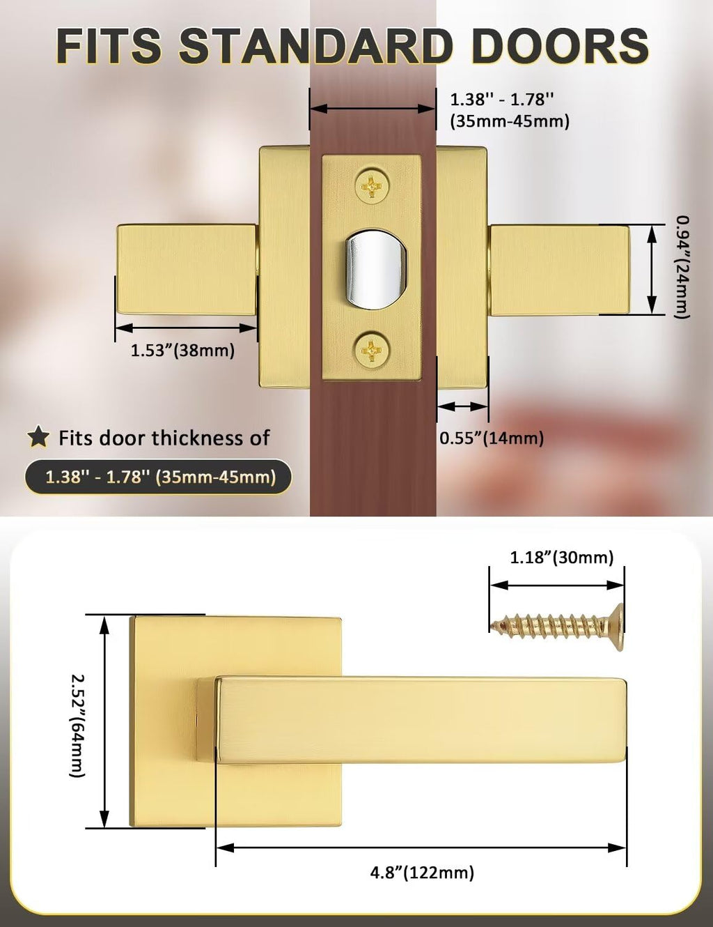 1 Pack Gold Keyless Square Levers Handles, Satin Brass Finish, Interior Passage Door Locksets for Hall Closet Door