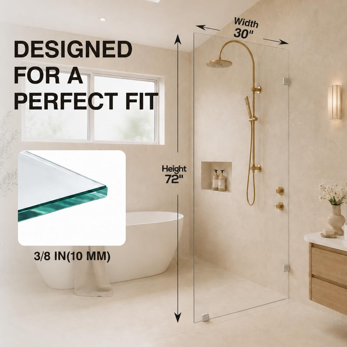 30" x 72" Frameless Fixed Shower Panel, 3/8" Clear Tempered Glass, Chrome