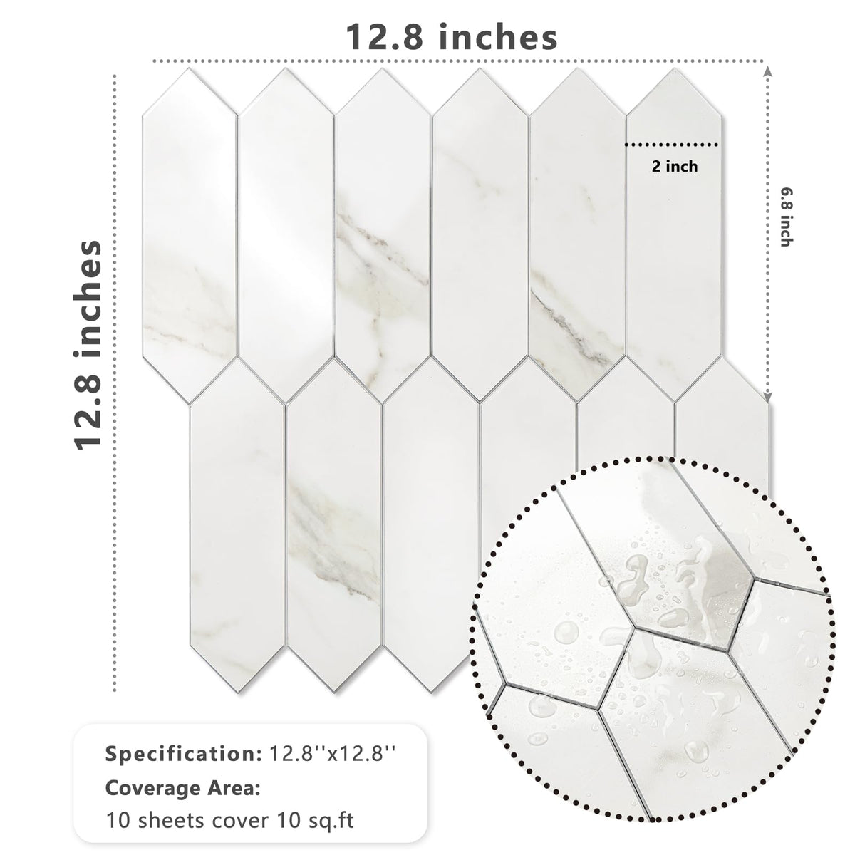 Glossy White Marble Backsplash Tile Peel and Stick, 12.8 x 12.8 Inch 10 Sheets Long Hexagon PVC Self Adhesive Mosaic