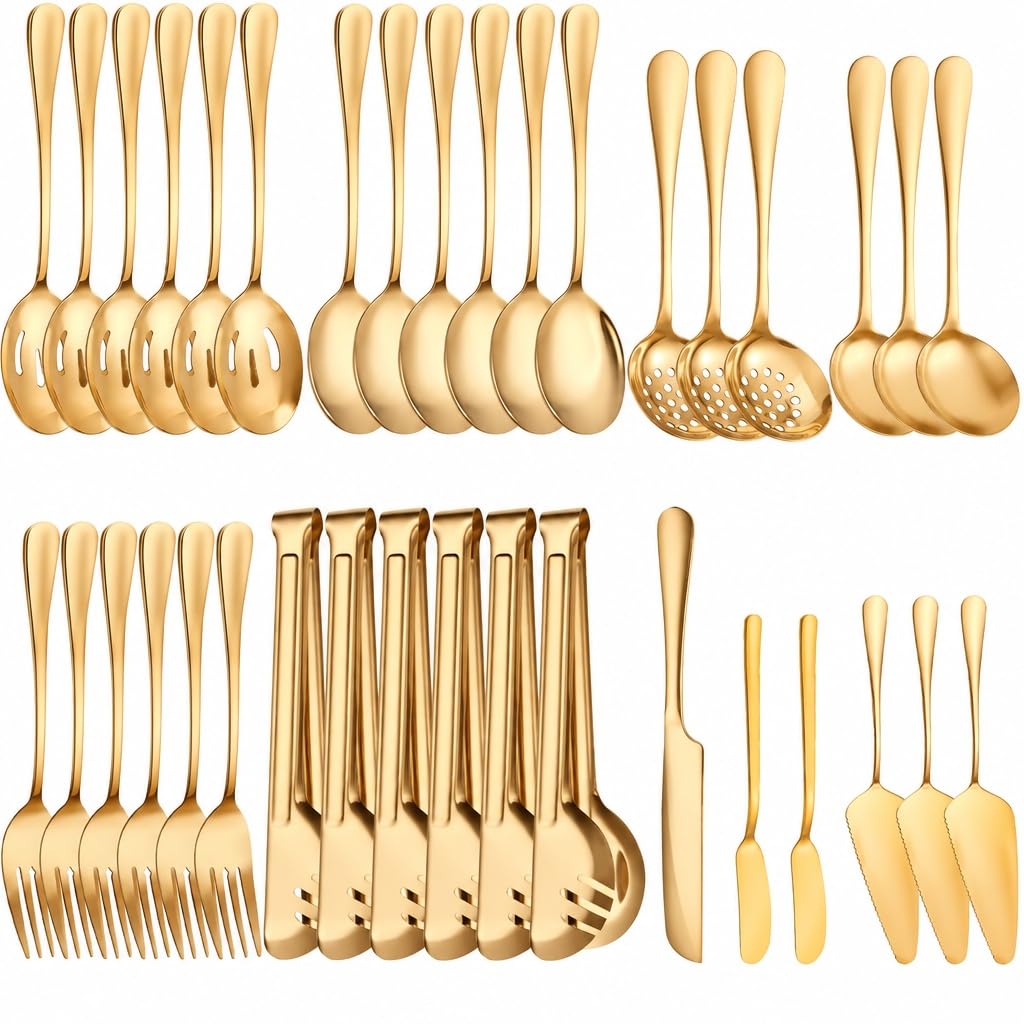 Gold Serving Utensils Set, Stainless Steel Buffet Serving Spoons with Tongs Forks Ladle - Dishwasher Safe