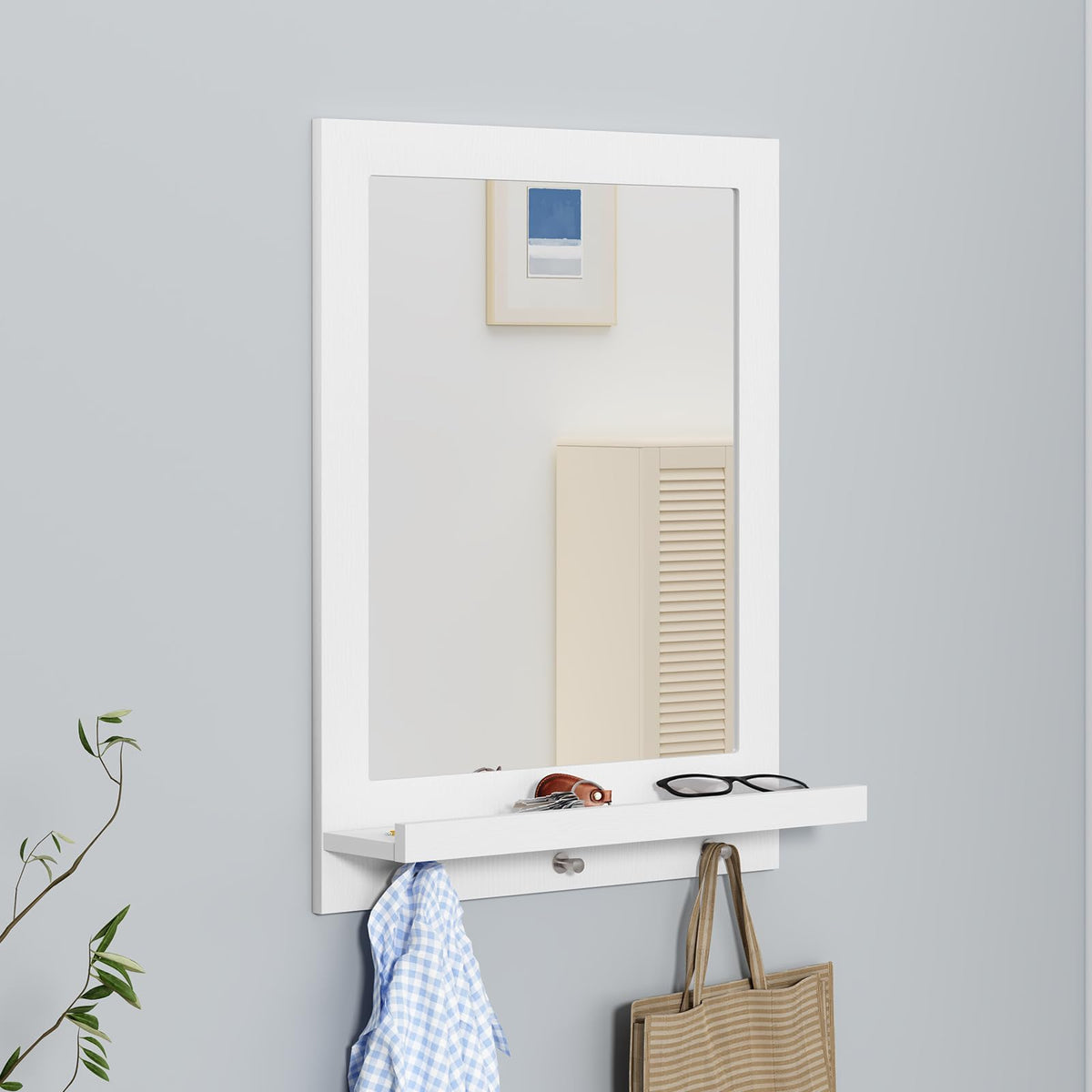 24" x 18.5'' Wood Wall Mirror with Shelf, Rectangular Hallway Mirror with Hooks, Hanging Wall Mirrors, White