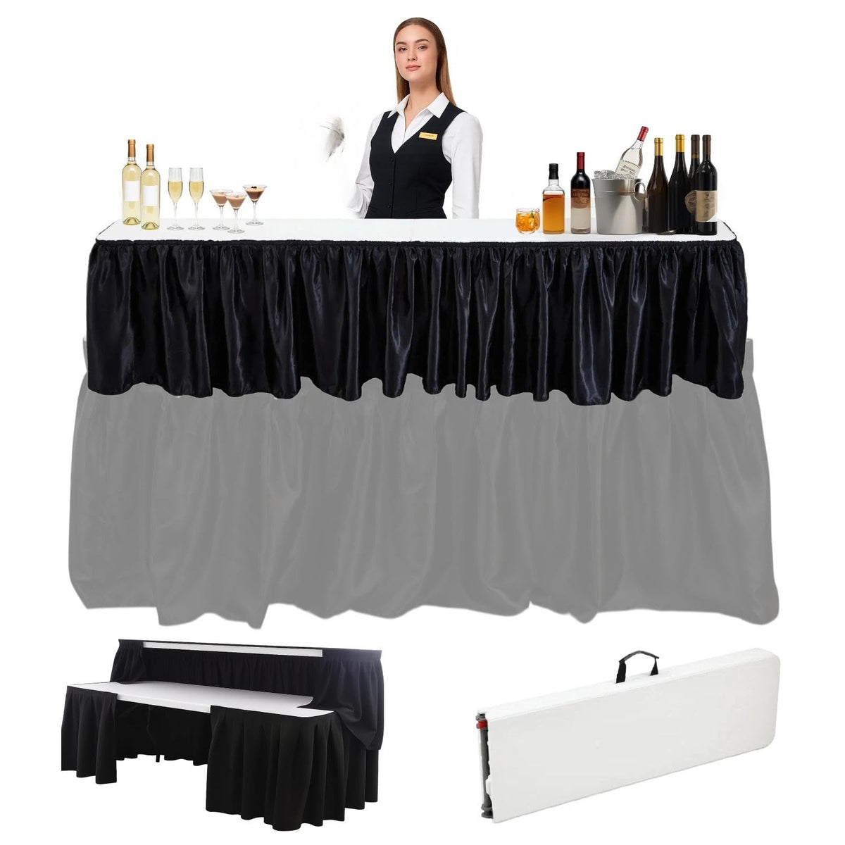 Portable Bar Top Riser Tables with Skirt, Black Skirt, 8 ft, White