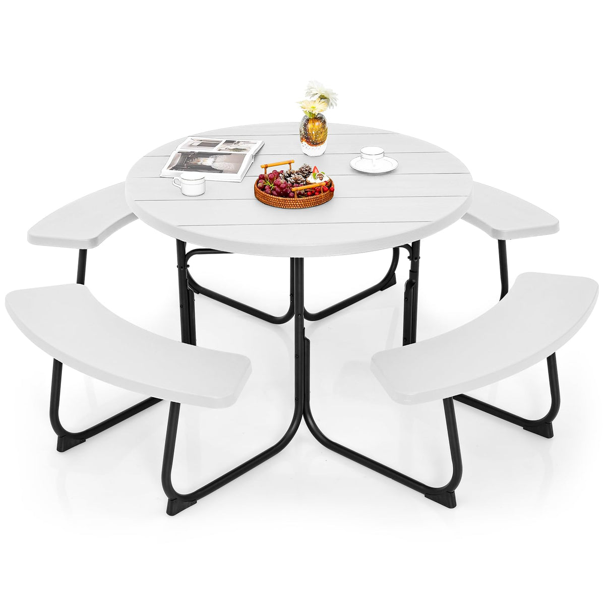 Picnic Table Set for Up to 8 Persons, Round Outdoor Table and Bench Set with Umbrella Hole, HDPE Top & Metal Frame