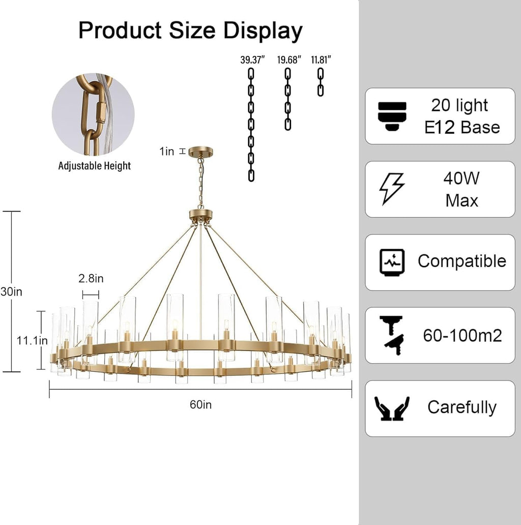 60" 20-Light Gold Large Wagon Wheel Glass Chandelier