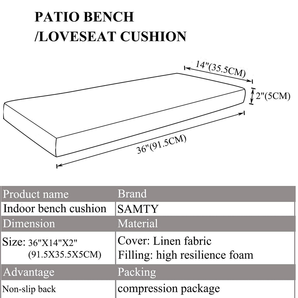 Bench Seat Memory Foam Chair Pads Non-Slip Rubber Back Indoor Swing/Settee Cushion 36 x 14 inch, Brown