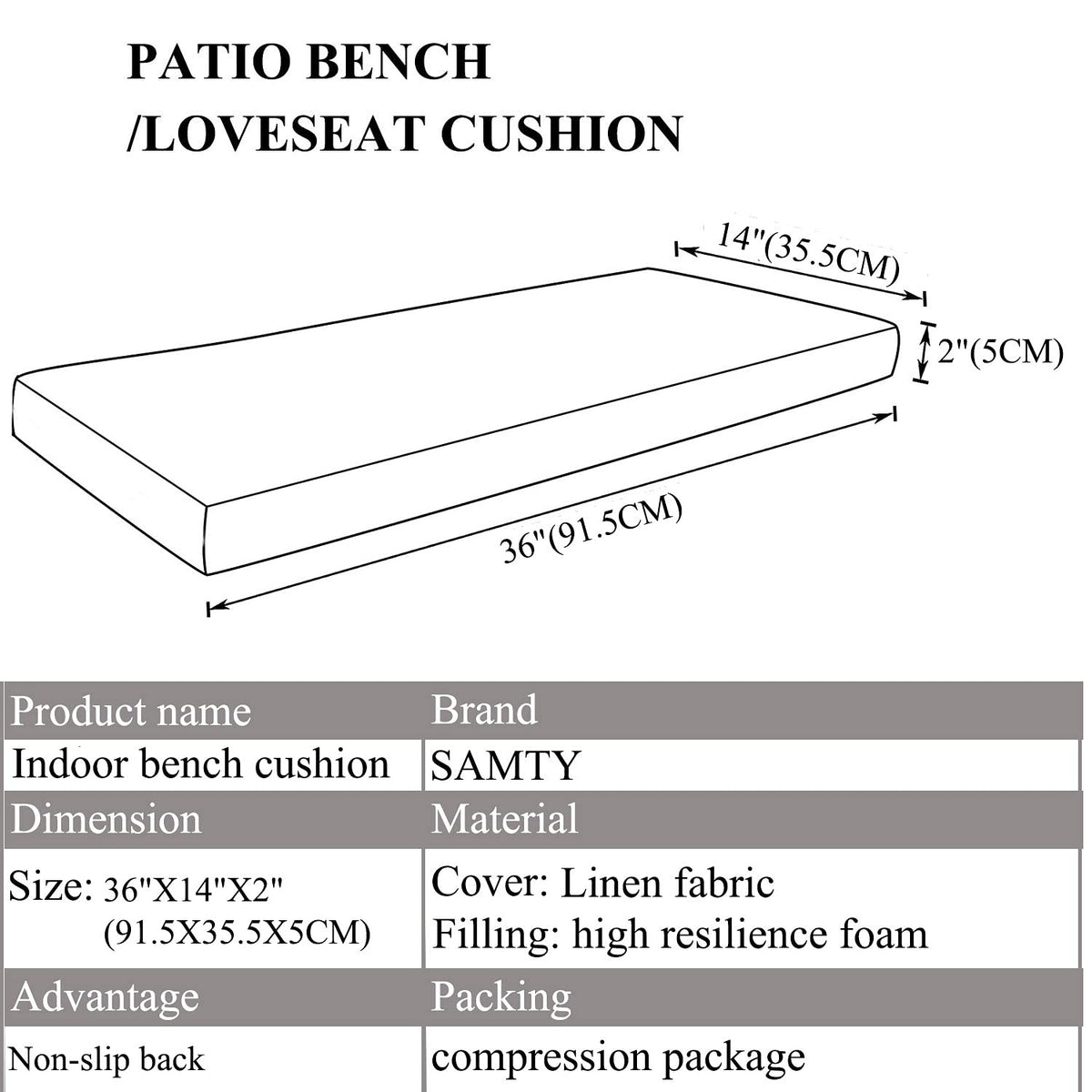 Bench Seat Memory Foam Chair Pads Non-Slip Rubber Back Indoor Swing/Settee Cushion 36 x 14 inch, Brown