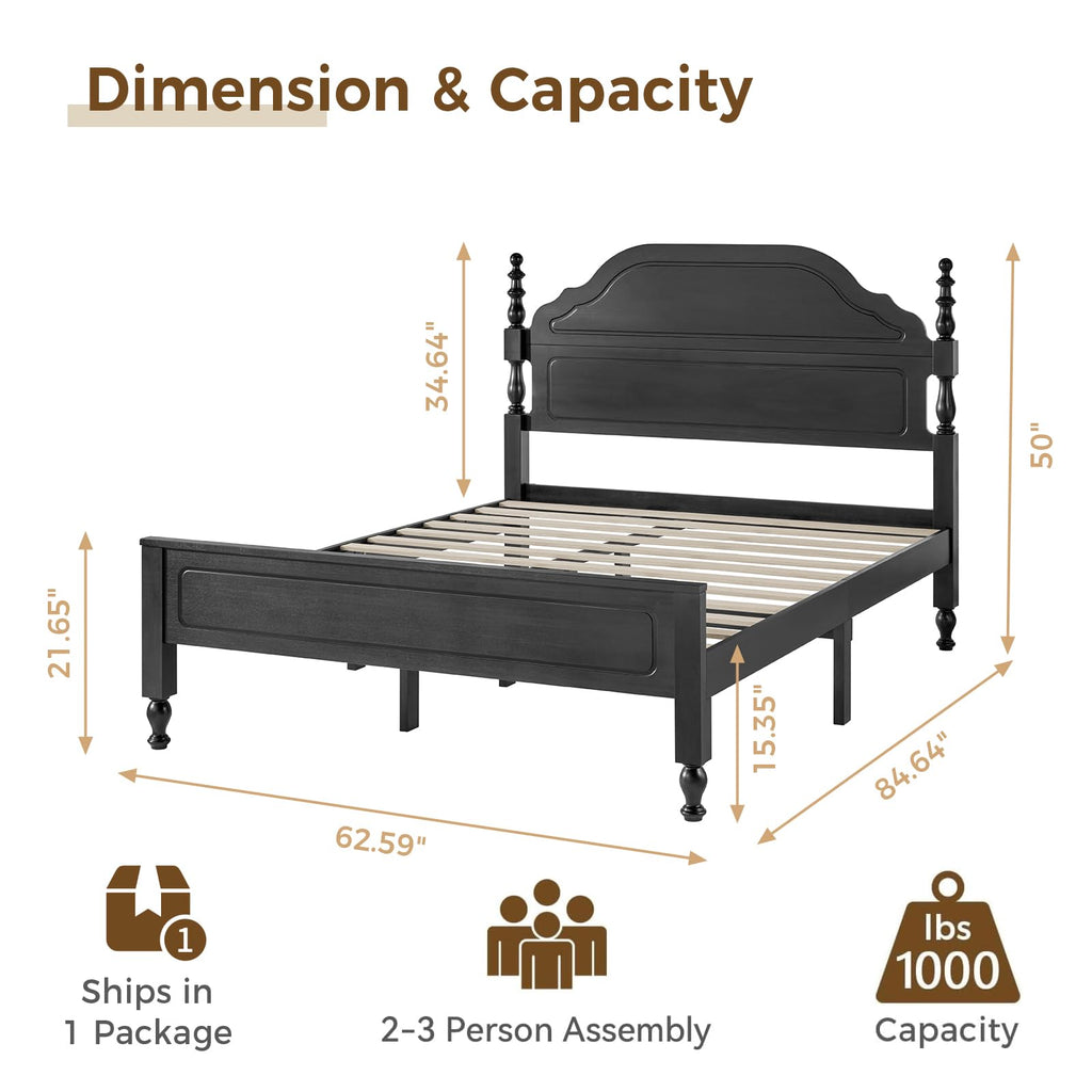 Wood Queen Size Bed Frame with Wooden 50" Tall Headboard, Heavy Duty Solid Wood Slats Support, Rubber Wood Platform