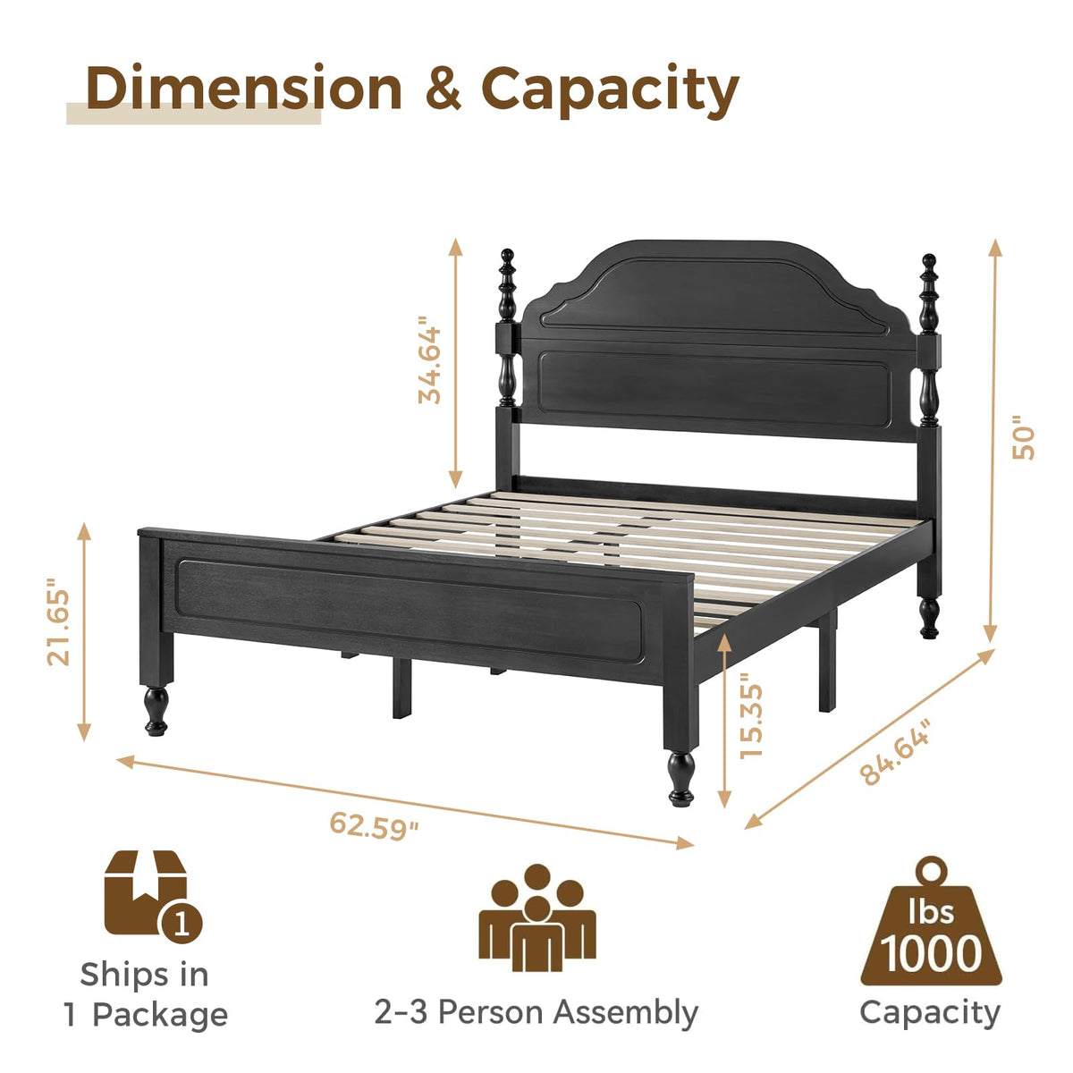 Wood Bed Frame with Wooden 50" Tall Headboard, Heavy Duty Solid Wood Slats Support, Rubber Wood Platform