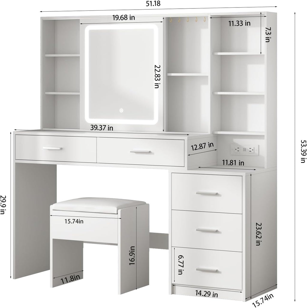 Vanity Desk with Mirror and Lights, Makeup Vanity with 5 Drawers, Makeup Desk with Charging Station and Ample